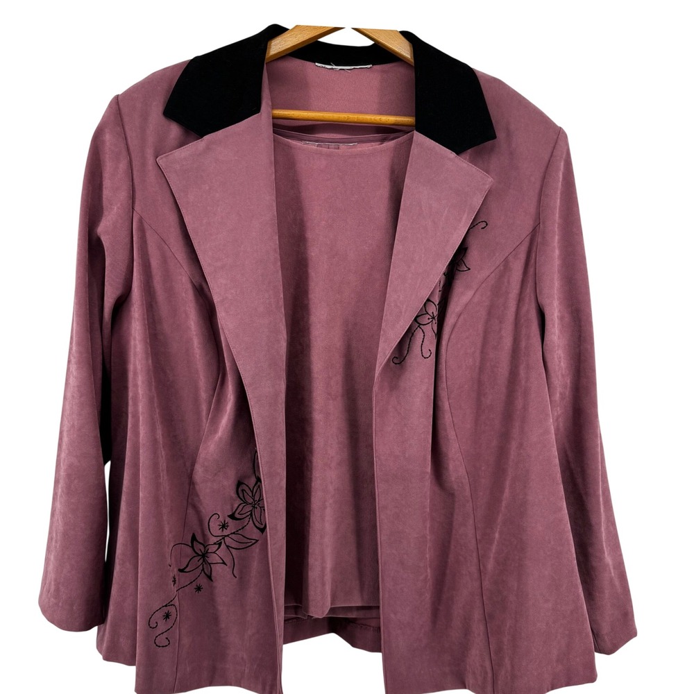 Vintage Mauve Faux Suede 2 Piece Jacket Shell Set Floral Embroidered Plus Size